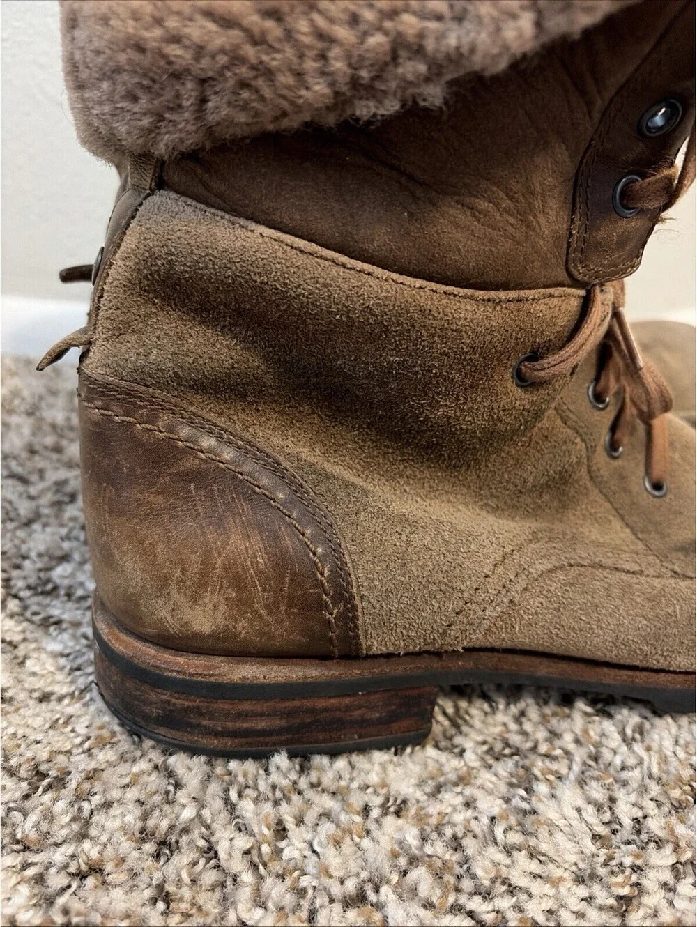 UGG MEN LEIGHTON Bomber Jacket Suede Shearling Lined Chestnut CHUKKA Boots US 13